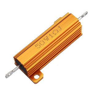 1R 50W Watt Load Resistor Aluminum Wire Wound Golden - a gold-colored, finned aluminum-housed resistor with metal terminals on both ends.