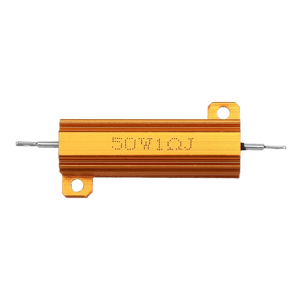 1R 50W Watt Load Resistor Aluminum Wire Wound Golden - a gold-colored, rectangular, finned aluminum wire-wound resistor with two mounting tabs and leads.