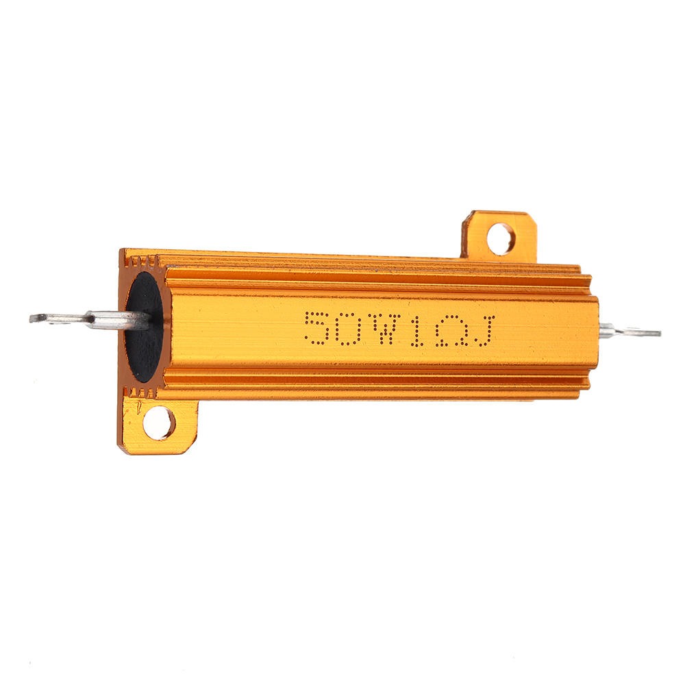 1R 50W Watt Load Resistor Aluminum Wire Wound Golden - a gold-colored, rectangular, finned metal resistor with two wire leads and two mounting tabs.