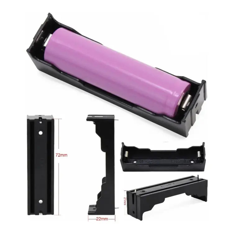 1s 3.7V 4.2V 18650 Battery Holder Case Mount PCB Storage 1 Cell Holder - a black plastic battery holder with a purple 18650 battery and dimension diagrams for the holder's length and width.