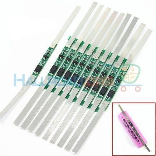 1s 3A 3.7V Li-ion BMS Pcm Protection Board With Wire For 18650 Lithium Lion Battery - a group of green circuit boards with attached metal strips and an inset image of one on a battery.