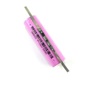 1s 3A 3.7V Li-ion BMS Pcm Protection Board With Wire For 18650 Lithium Lion Battery - pink 18650 battery cell and attached metal contact strips.