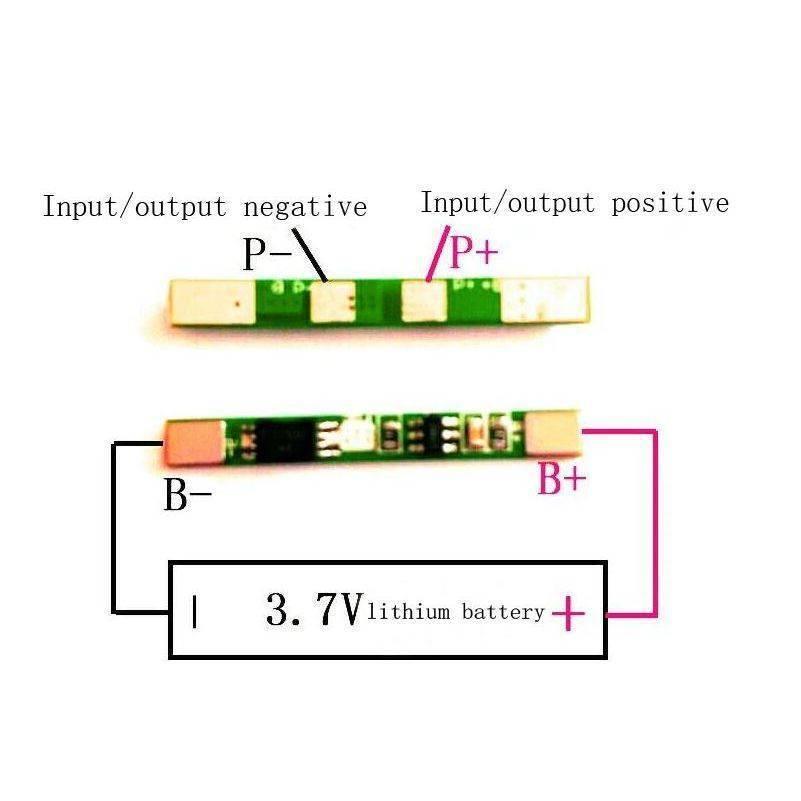 1s 3A 3.7V Li-ion BMS Pcm Protection Board Without Wire For 18650 Lithium Lion Battery - two views of a small green circuit board with labeled B+, B-, P+, and P- pads connected to a battery.