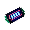 1s Lithium Battery Capacity Indicator - a rectangular black display with a red battery outline and four illuminated blue segment bars.
