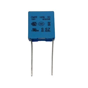 1uF/275V Non Polar Capacitor (105 /275V Film Capacitor ) - a blue rectangular film capacitor with two metal leads and printed text including 105K, 310V~, and X2.