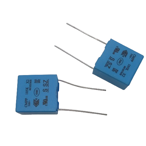 1uF/275V Non Polar Capacitor (105 /275V Film Capacitor ) - two blue square-shaped film capacitors with two metal wire leads each, showing printed technical specifications.
