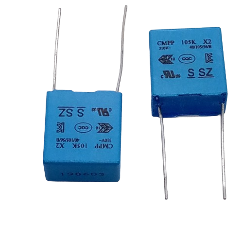 1uF/275V Non Polar Capacitor (105 /275V Film Capacitor ) - two blue, square-shaped film capacitors with two metal leads each and technical markings printed on the surface.