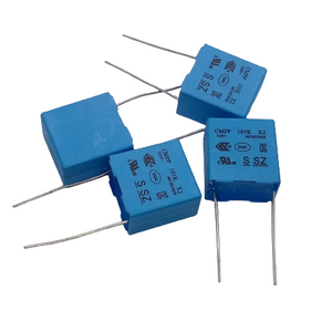 1uF/275V Non Polar Capacitor (105 /275V Film Capacitor ) - square-shaped film capacitors with two wire leads each, showing printed technical markings on their surfaces.