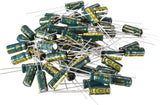 1uF 50V Electrolytic Radial Capacitor - a large pile of green cylindrical capacitors with two metal wire leads extending from each base.
