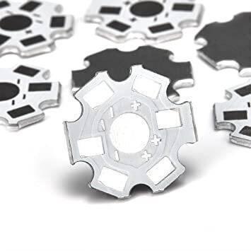 1W High Power White SMD LED With Heatsink - shown as a collection of silver, star-shaped metal circuit boards with visible positive and negative markings.