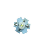 1W LED with Soldered Heat sink - white star-shaped PCB with a central LED emitter and two soldered contact points on opposite sides.