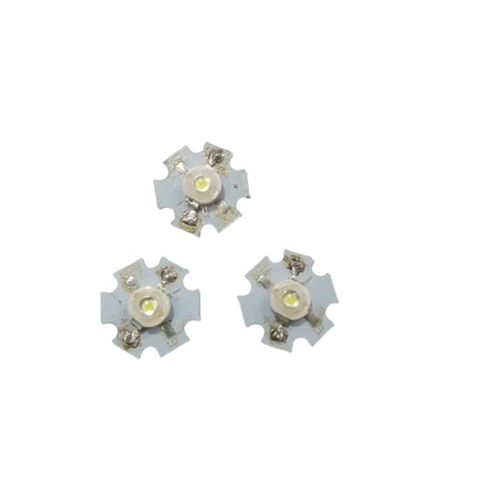 1W LED with Soldered Heat sink - three white star-shaped aluminum-backed LED modules with central light-emitting diodes and visible solder joints.
