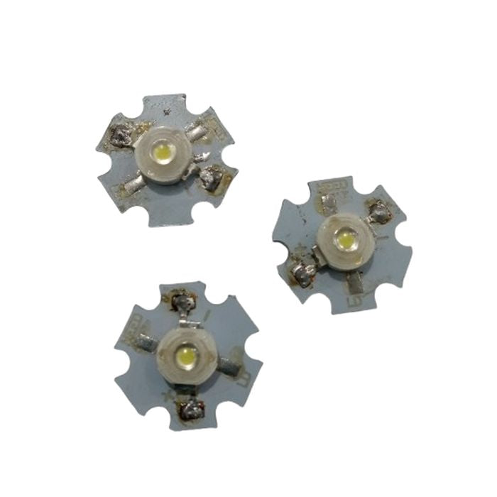 1W LED with Soldered Heat sink - three individual white LED chips mounted on circular, six-tabbed metal heat sinks with visible solder points.