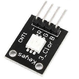1watt RGB LED Module Ky 009 - a black rectangular circuit board with a central LED and four labeled pin connectors for -, R, G, and B.