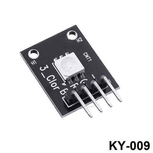 1watt RGB LED Module Ky 009 - a black rectangular circuit board featuring a central square RGB LED and four metal connection pins.
