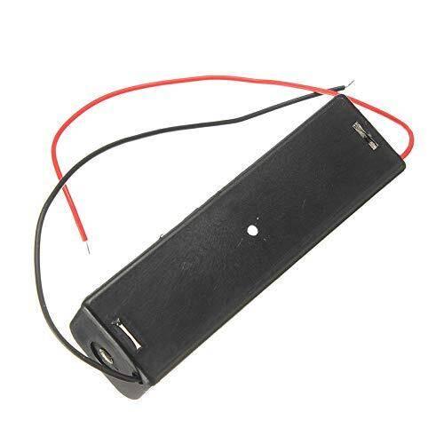 1x 18650 Battery Cell Holder - a black plastic rectangular battery case with one red and one black wire lead extending from one end.