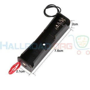1x 18650 Battery Cell Holder - shown as a black plastic case with a spring contact, red and black wires, and annotated dimension lines.