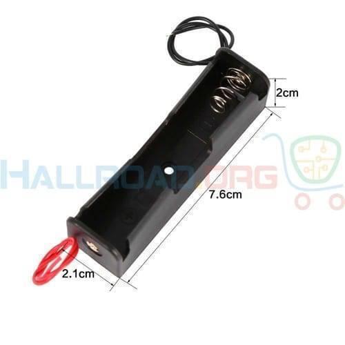 1x 18650 Battery Cell Holder - shown as a black plastic case with a spring contact, red and black wires, and annotated dimension lines.