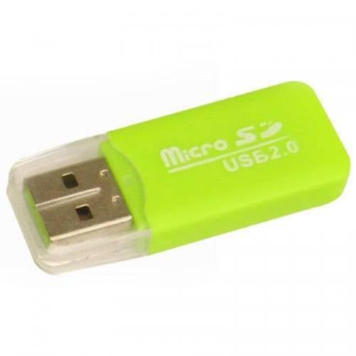 2.0 USB Card Reader - shown as a lime green, rectangular USB flash drive-style device with a clear plastic cap covering the USB connector.