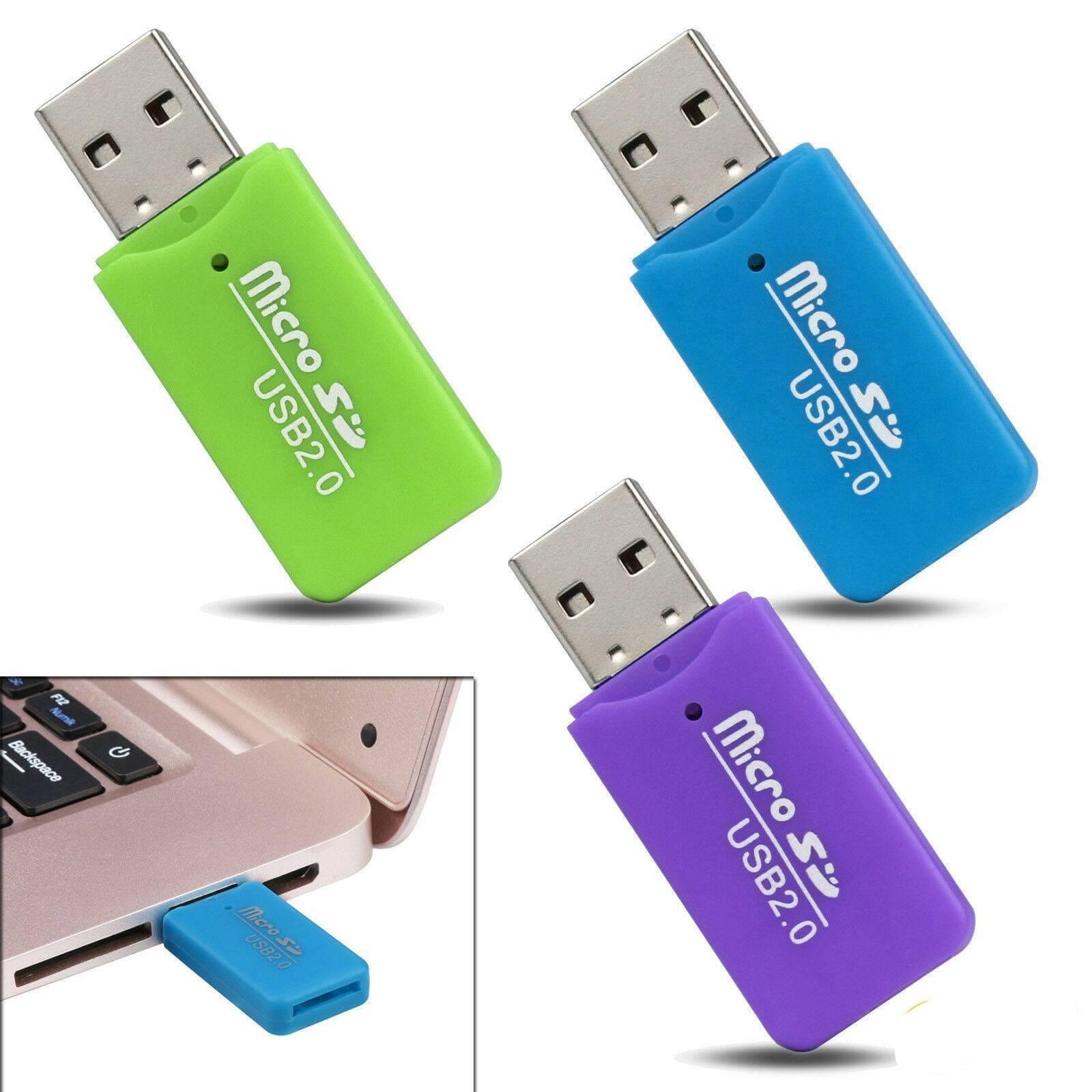 2.0 USB Card Reader - shown in green, blue, and purple, with one blue unit inserted into a laptop USB port.