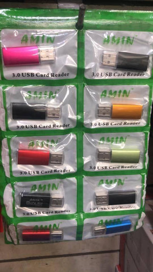 2.0 USB Card Reader - shown in a retail display pack containing multiple units in various colours, each featuring a USB connector.