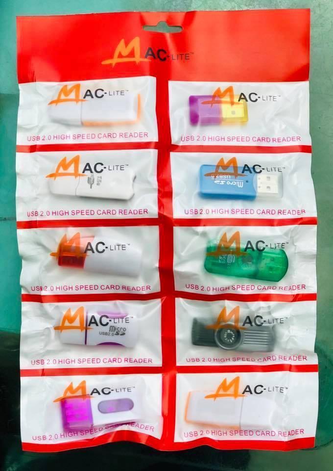 2.0 USB Card Reader - shown in a retail packaging strip containing ten assorted colourful USB 2.0 high speed card readers in individual plastic pouches.
