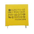 2.0uF 250VAC Capacitor - a square, yellow electronic component with two metal pins at the bottom and printed technical specifications on its face.