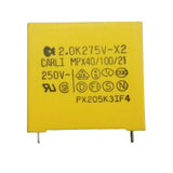 2.0uF 250VAC Capacitor - a square, yellow electronic component with two metal pins at the bottom and printed technical specifications on its face.