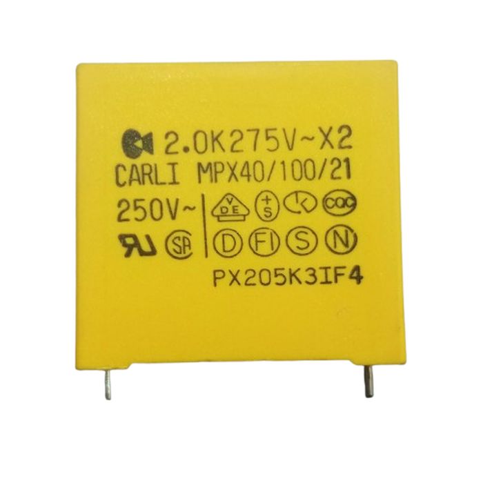 2.0uF 250VAC Capacitor - a square, yellow electronic component with two metal pins at the bottom and printed technical specifications on its face.