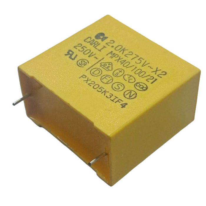 2.0uF 250VAC Capacitor - a yellow rectangular electronic component with two metal pins protruding from the bottom, marked with technical specifications.