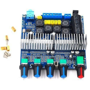 2.1 Channel Audio Stereo Equalizer Bluetooth Hifi Power Subwoofer Amplifier Board TPA3116D2 - circuit board with a heatsink, five knobs, and accessories.