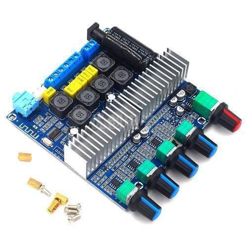 2.1 Channel Audio Stereo Equalizer Bluetooth Hifi Power Subwoofer Amplifier Board TPA3116D2 - circuit board with five knobs and metal spacers.