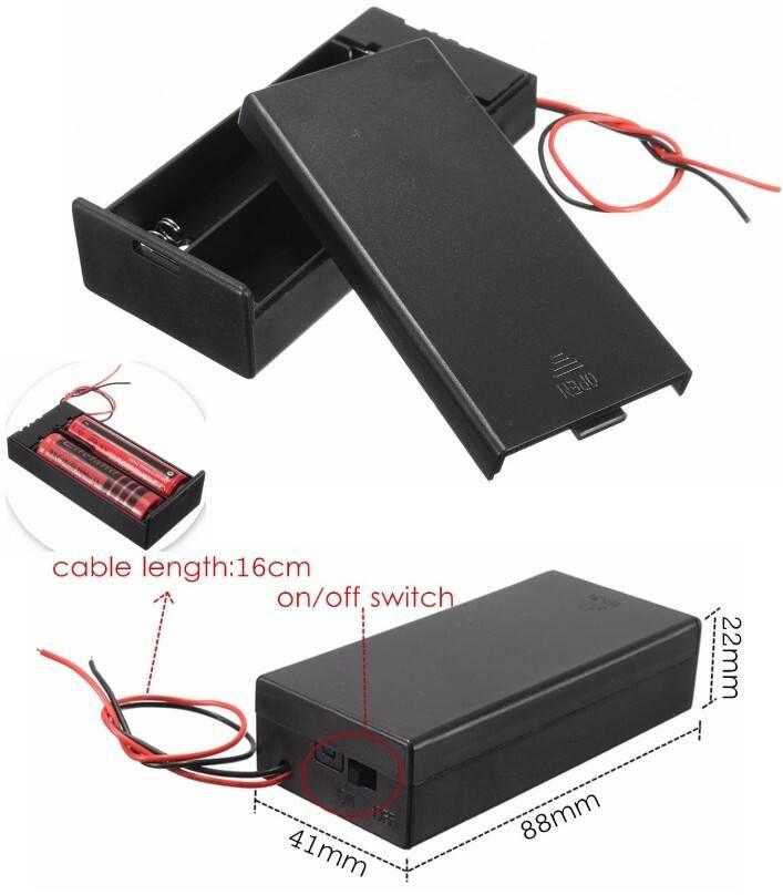 2×18650 7.4V Battery Holder With On/off Switch - shown in black plastic with a sliding switch, red and black wires, and dimension labels in millimeters.