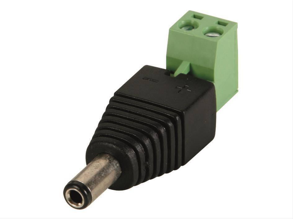 2.1mm DC Power Barrel Plug Jack Socket Connector Adapter With Terminal Block AC-7 - shown as a black barrel plug with a green two-pin terminal block.