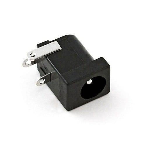 2.1x5.5mm DC Jack PCB Mount Internal Barrel Connector - a black plastic barrel-style power jack with two metal pins for PCB mounting.