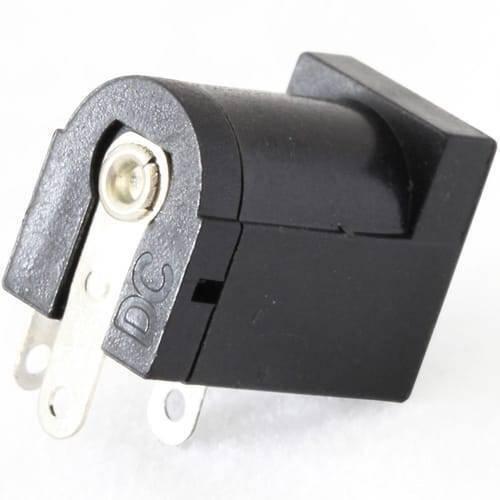 2.1x5.5mm DC Jack PCB Mount Internal Barrel Connector - a black plastic DC power jack with three metal solder terminals visible from a side angle.