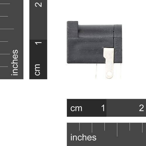 2.1x5.5mm DC Jack PCB Mount Internal Barrel Connector - shown from a side profile against a white background with a measurement scale.