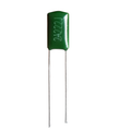 2.2nF/100V (0.0022uF–2A222J)-Polyester Film Capacitor - a small rectangular green electronic component with two long metal leads and the text 2A222J printed on its face.