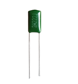 2.2nF/100V (0.0022uF–2A222J)-Polyester Film Capacitor - a small rectangular green electronic component with two long metal leads and the text 2A222J printed on its face.