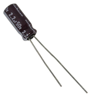 2.2uF 50V Electrolytic Capacitor - a dark brown radial through-hole component with two metal leads and printed text showing the capacitance and voltage.