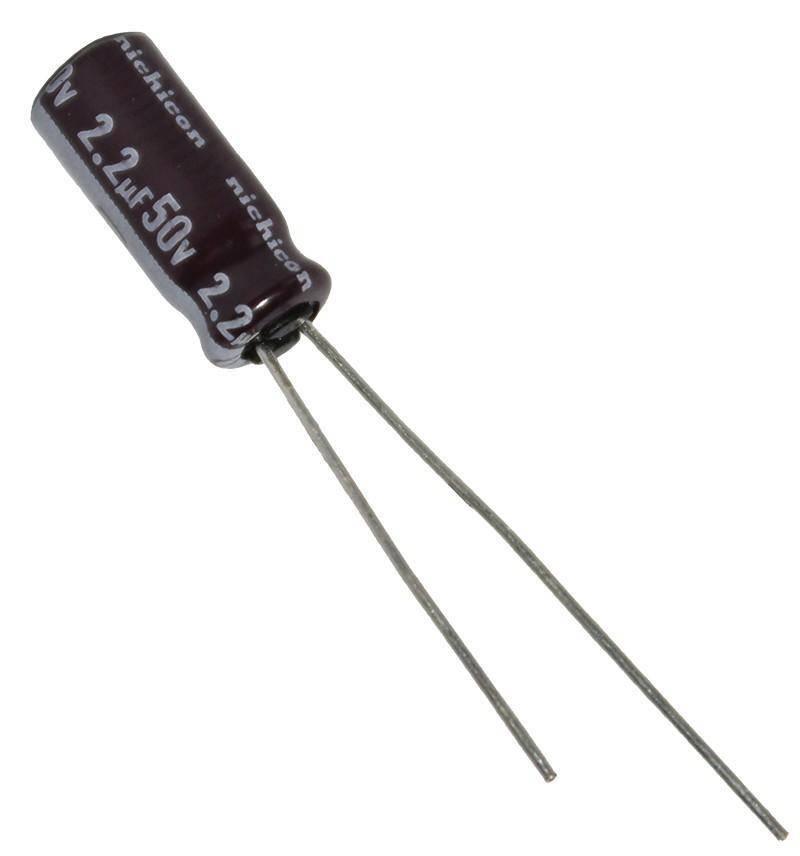 2.2uF 50V Electrolytic Capacitor - a dark brown radial through-hole component with two metal leads and printed text showing the capacitance and voltage.