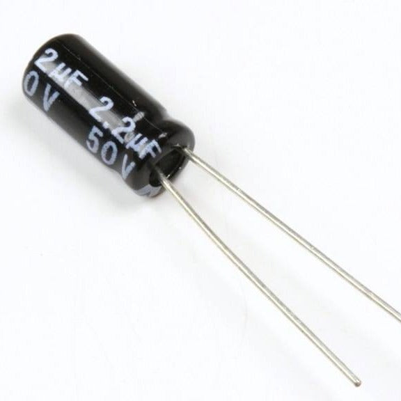 2.2uF 50V Electrolytic Capacitors - a small black cylindrical electronic component with two long metal wire leads extending from one end.