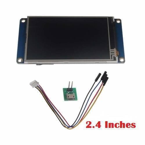 2.4 Inch Nextion TFT HMI LCD Touchscreen NX3224T024 - shown with a black rectangular display module, a small green micro-USB board, and a multi-wire cable.