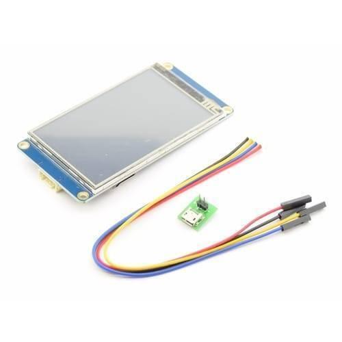 2.4 Inch Nextion TFT HMI LCD Touchscreen NX3224T024 - shown with a small green micro-USB breakout board and a four-wire ribbon cable with jumper connectors.