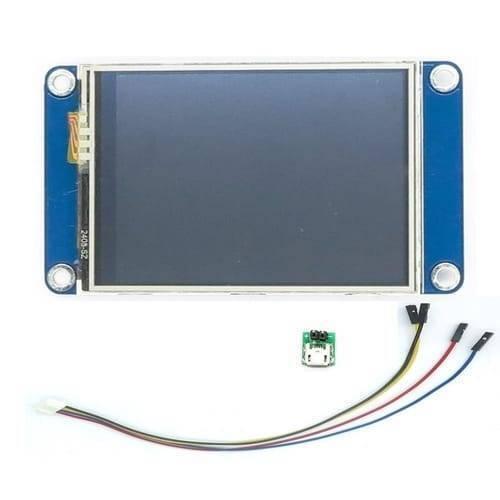 2.4 Inch Nextion TFT HMI LCD Touchscreen NX3224T024 - a rectangular blue display module with a blank screen, a small micro-USB board, and a ribbon cable.