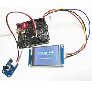2.4 Inch Nextion TFT HMI LCD Touchscreen NX3224T024 - connected to an Iteaduino UNO and a potentiometer, displaying "PROGRESS BAR" on the screen.