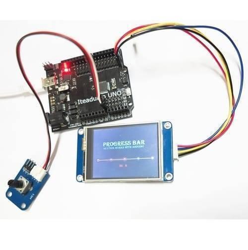 2.4 Inch Nextion TFT HMI LCD Touchscreen NX3224T024 - connected to an Iteaduino UNO and a potentiometer, displaying "PROGRESS BAR" on the screen.