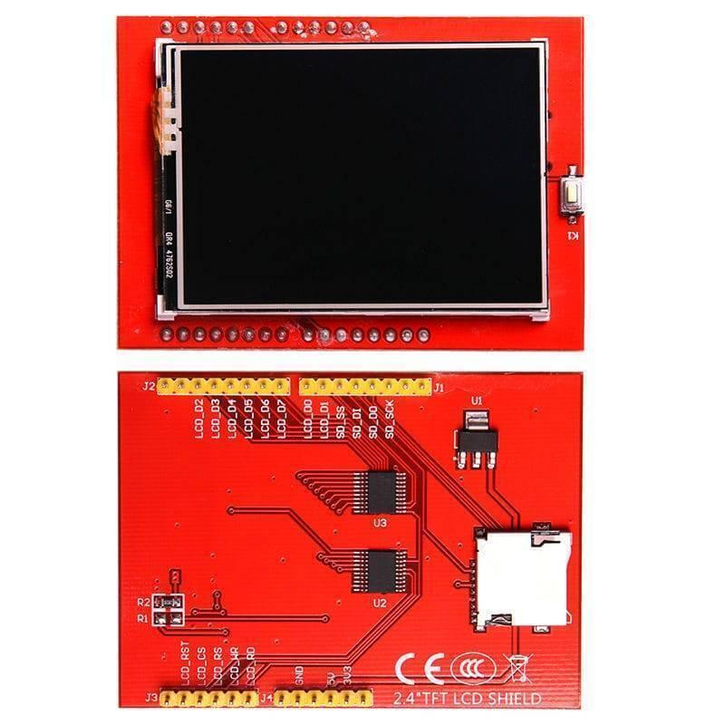 2.4 Inch TFT LCD Shield For Arduino ESP32 Solar Inverter - shown from the front with a black display and from the back with pin headers and an SD card slot.