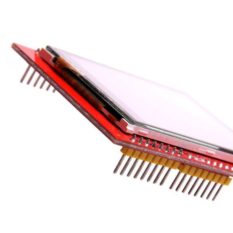 2.4 Inch TFT LCD Shield For Arduino ESP32 Solar Inverter - a close-up angled view of the red circuit board with a white display and yellow header pins.