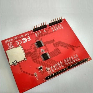 2.4 Inch TFT LCD Shield For Arduino ESP32 Solar Inverter - the red bottom side of the PCB with an SD card slot, two integrated circuits, and header pins.